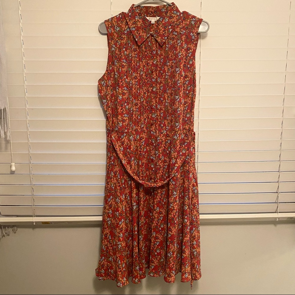 Nanette Dark Burnt Red Pleated Sleeveless Flora Midi Tie Waist Shirt Dress